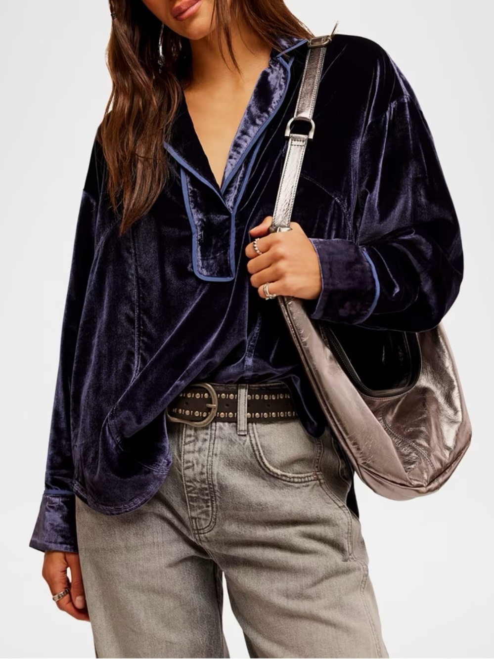 Free People || We The Free Luxy Solid Velvet Shirt Popover Navy Blue Medium